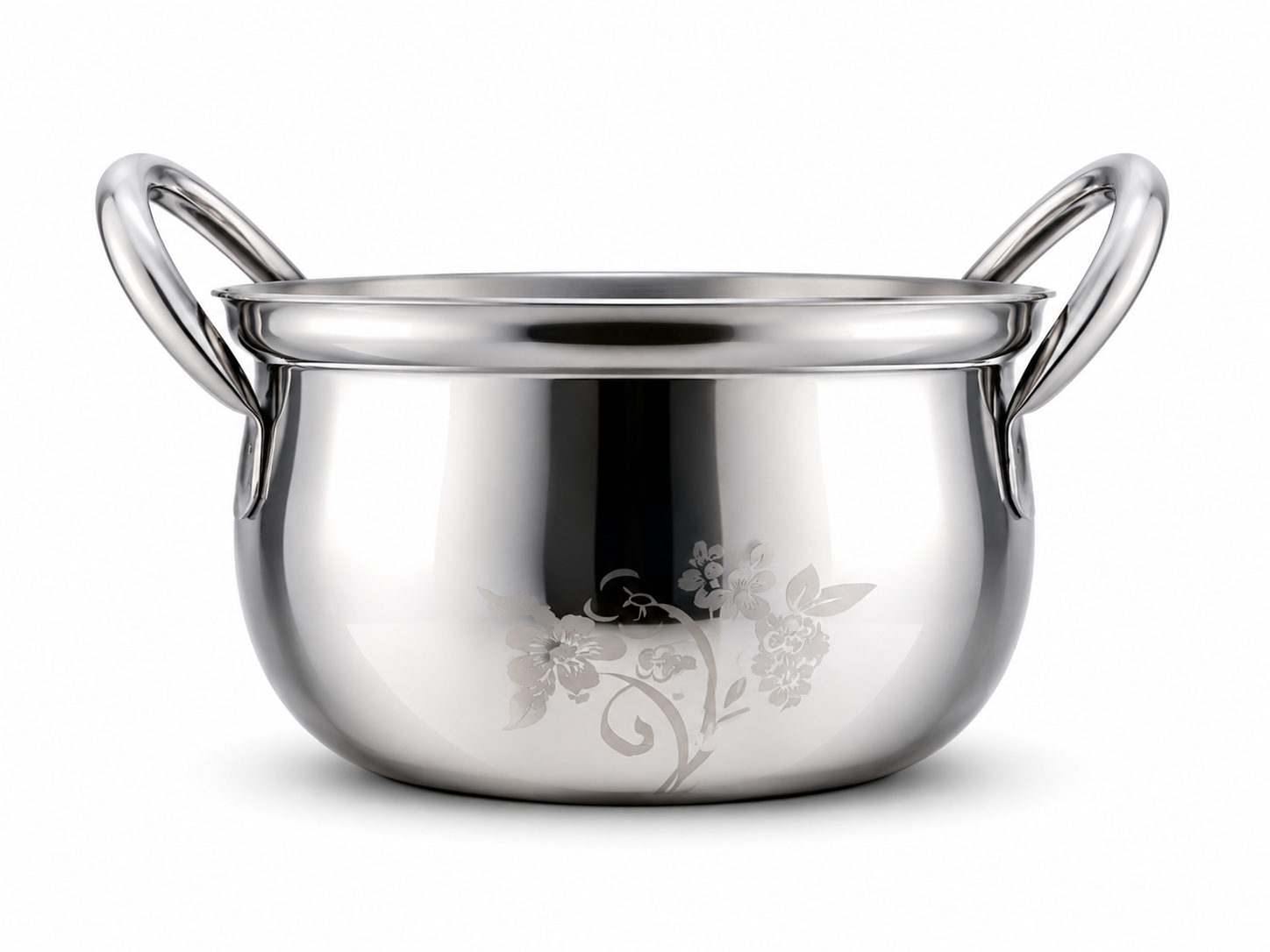 Kwality stainless steel handi with side handles and a floral pattern