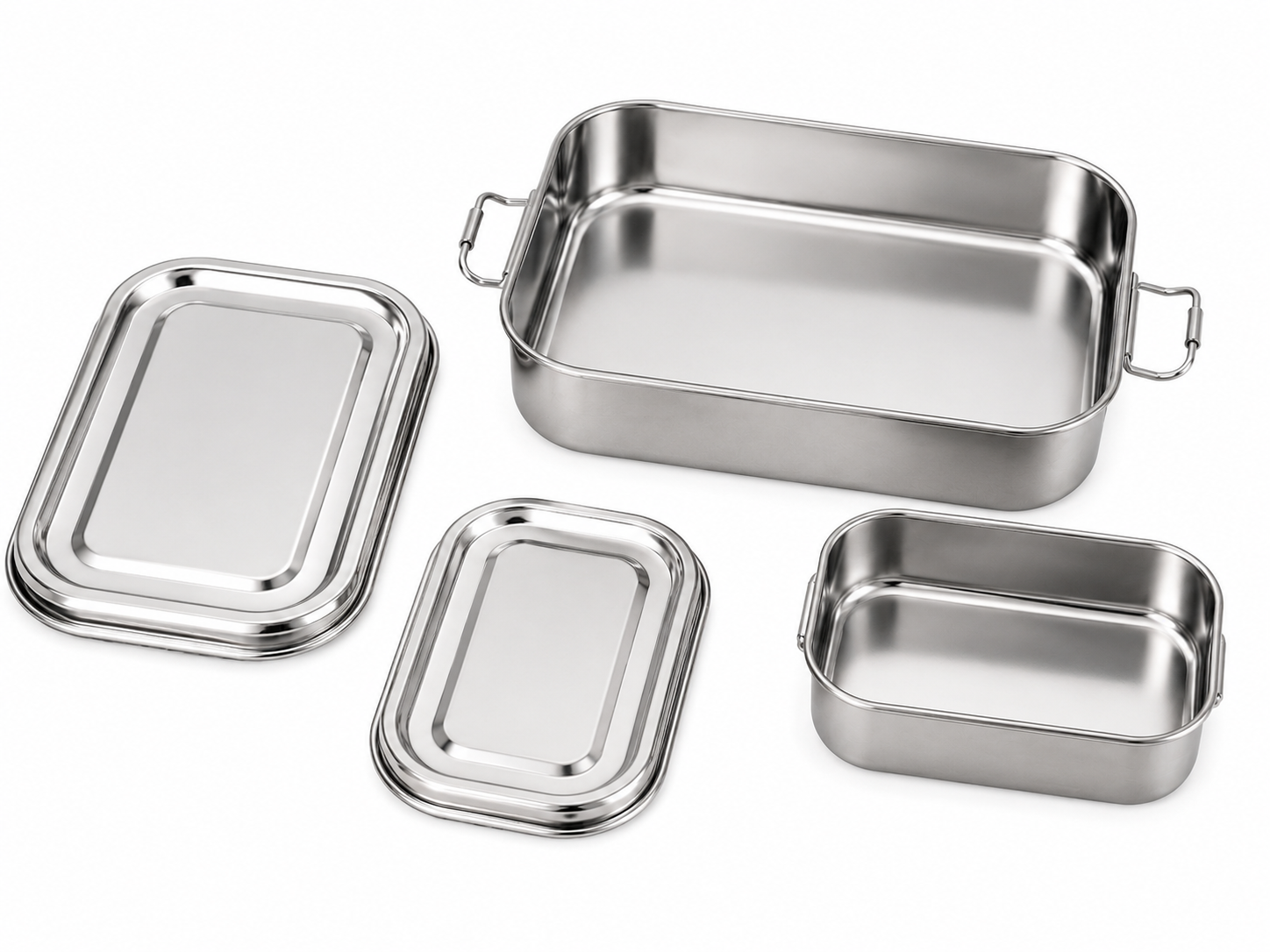 Two rectangular Kwality stainless steel lunch boxes with fitted lids