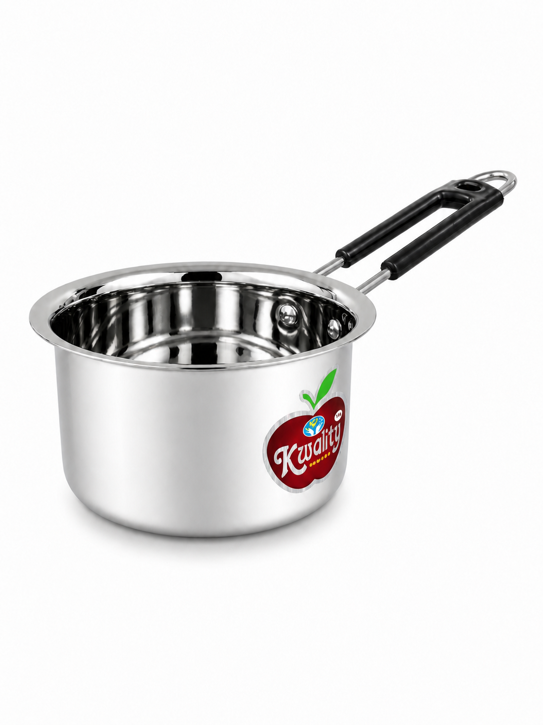 Kwality stainless steel saucepan with a long black handle